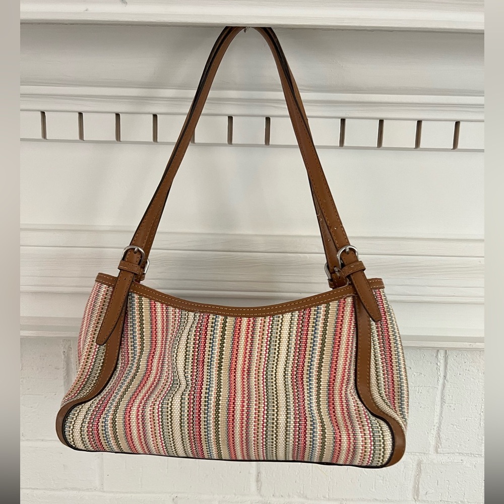 Fossil 75082 Multi Colored Canvas Brown Leather Purse Hand Bag Y2K